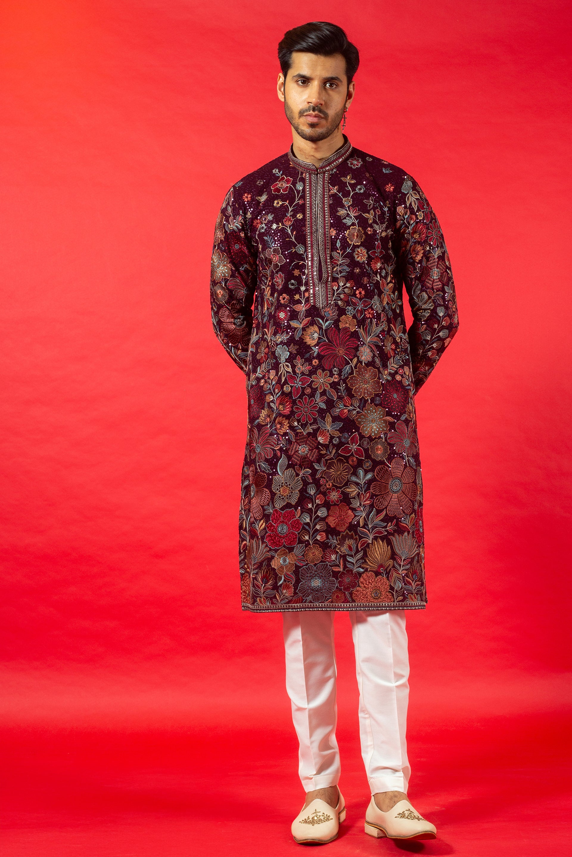 MAROON GEORGETTE SILK KURTA SET WITH RESHAM & SEQUINS EMBROIDERY