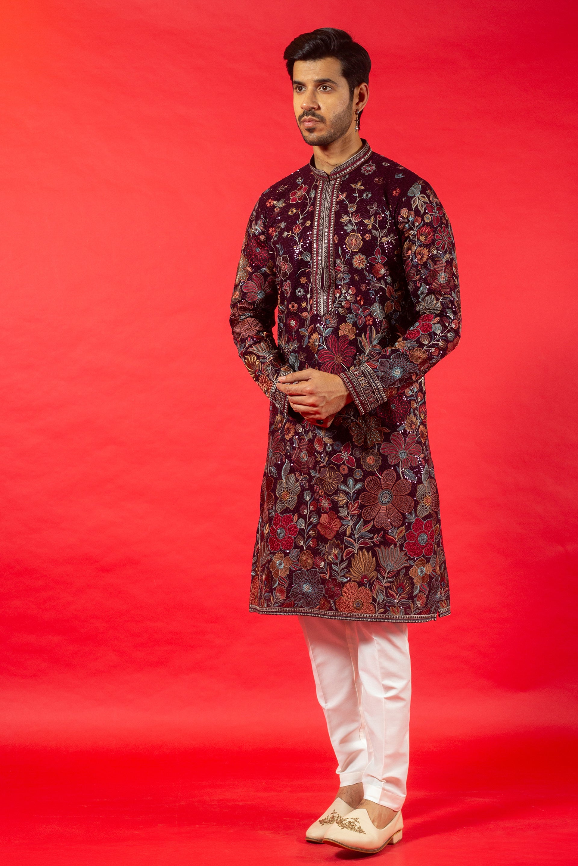 MAROON GEORGETTE SILK KURTA SET WITH RESHAM & SEQUINS EMBROIDERY