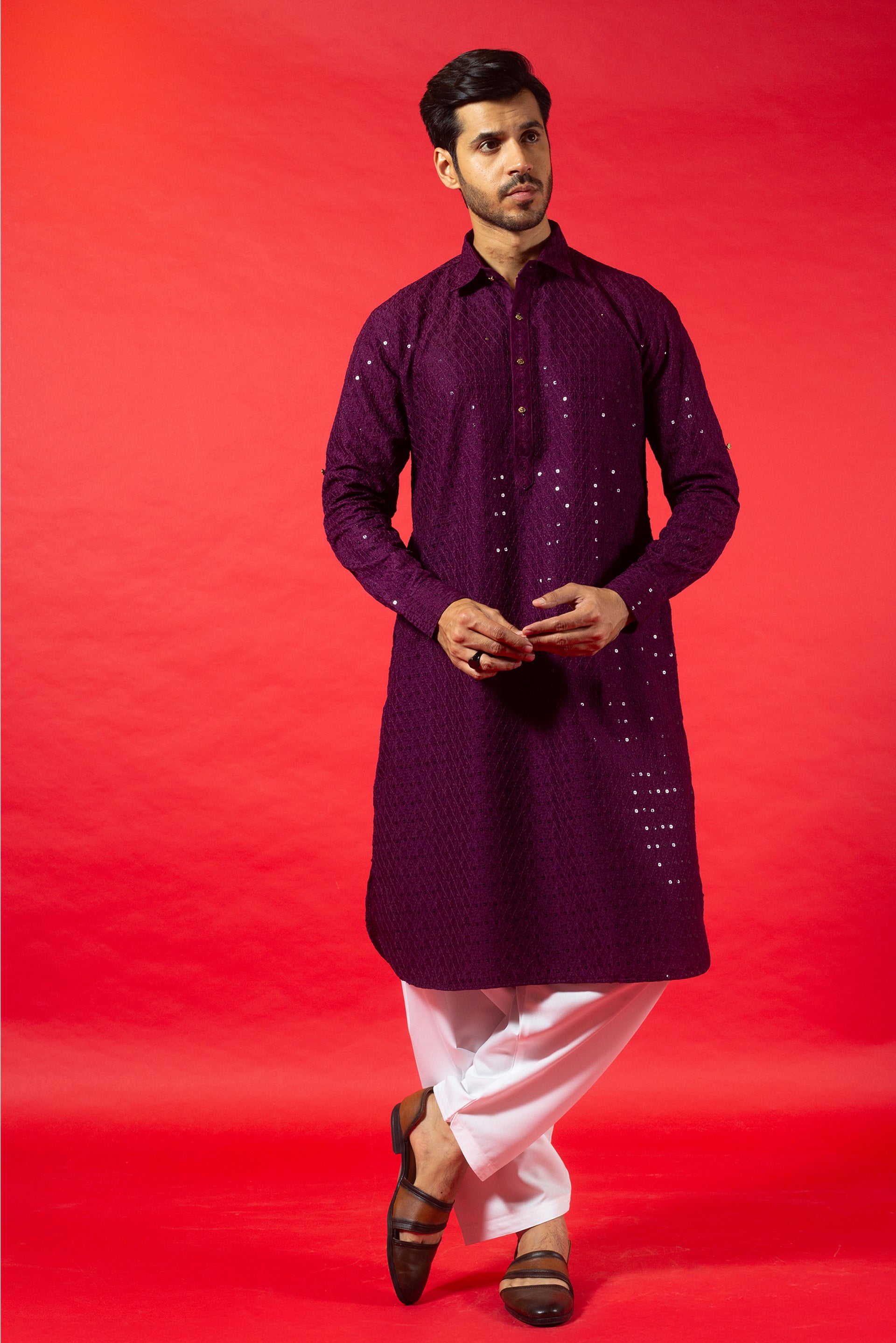 WINE PATHANI STYLE COTTON MIX KURTA SET WITH RESHAM & SEQUINS EMBROIDERY