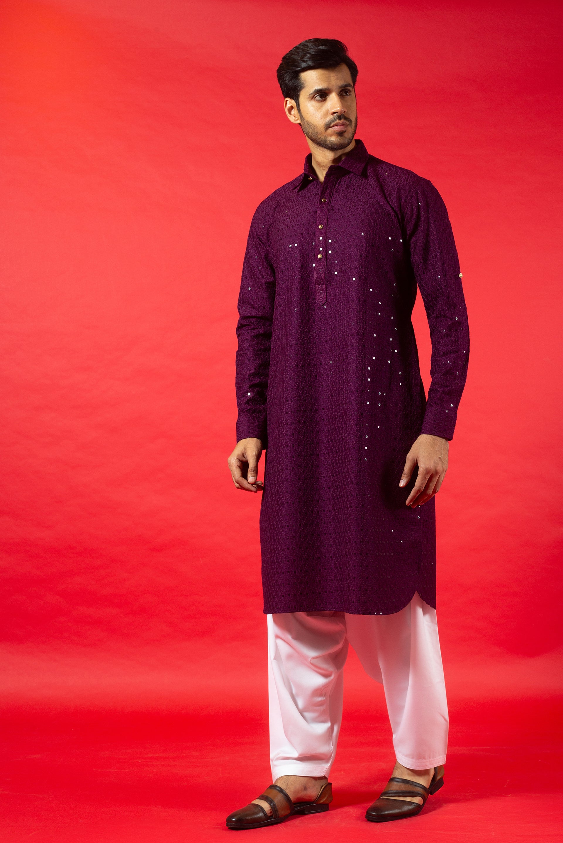 WINE PATHANI STYLE COTTON MIX KURTA SET WITH RESHAM & SEQUINS EMBROIDERY